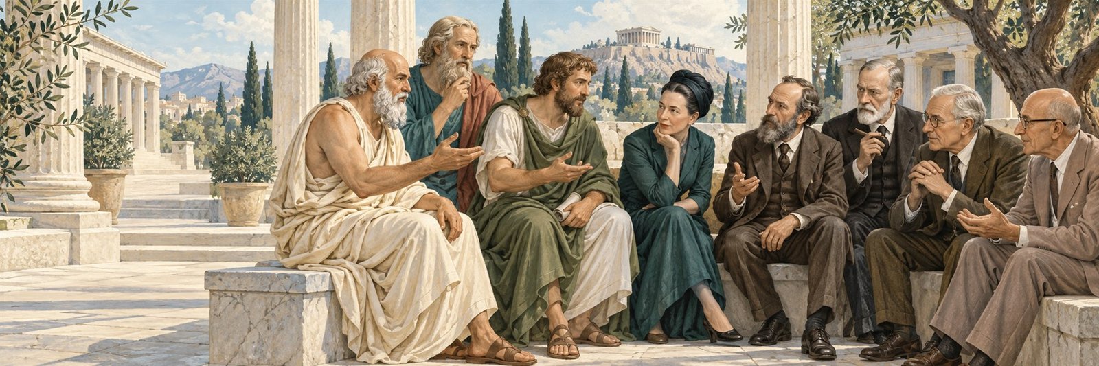 Encontro imaginário de filósofos e pensadores da Psicologia debatendo em uma praça grega