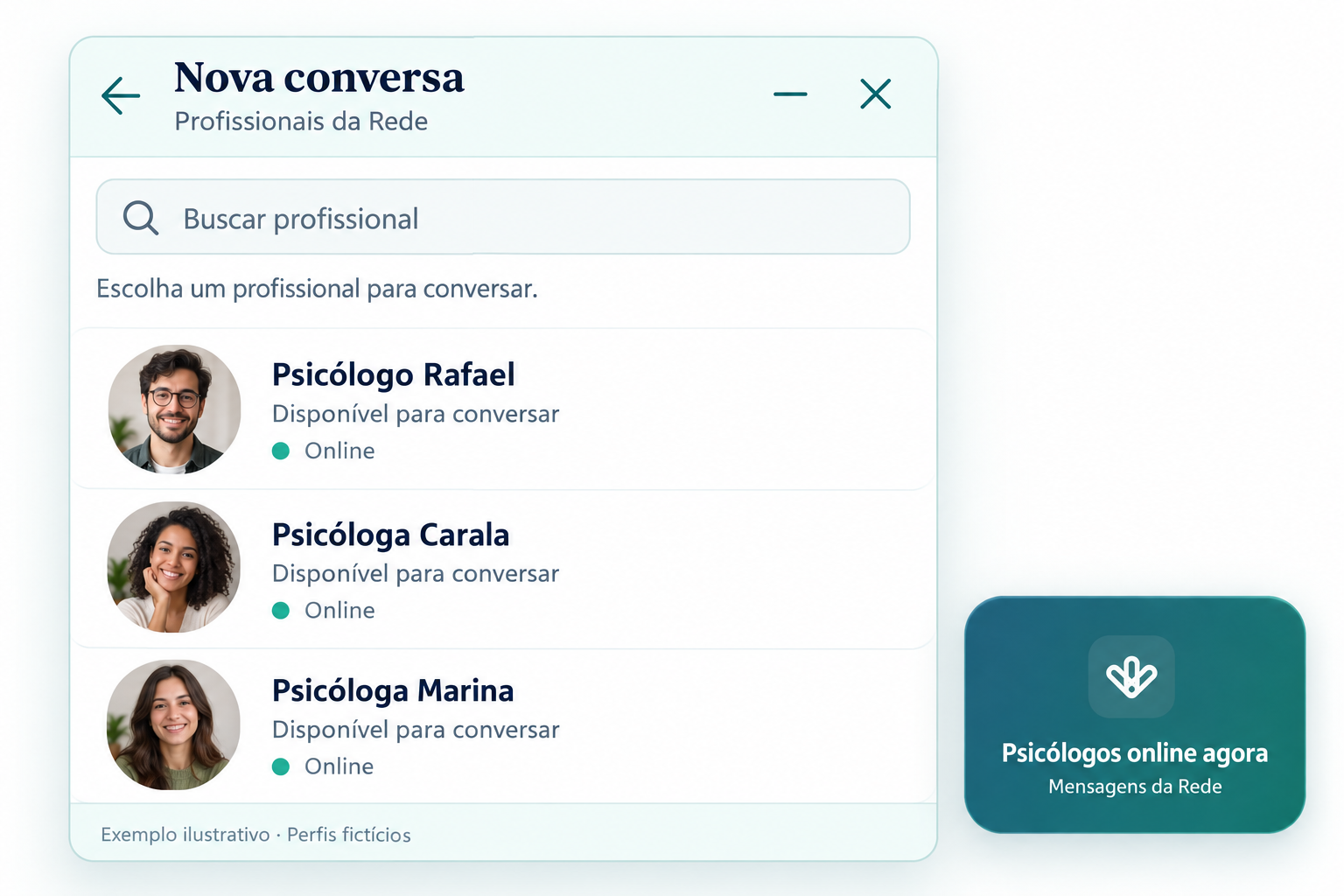 Prévia das Mensagens da Rede: lista de psicólogos e psicólogas on-line, com perfis fictícios.