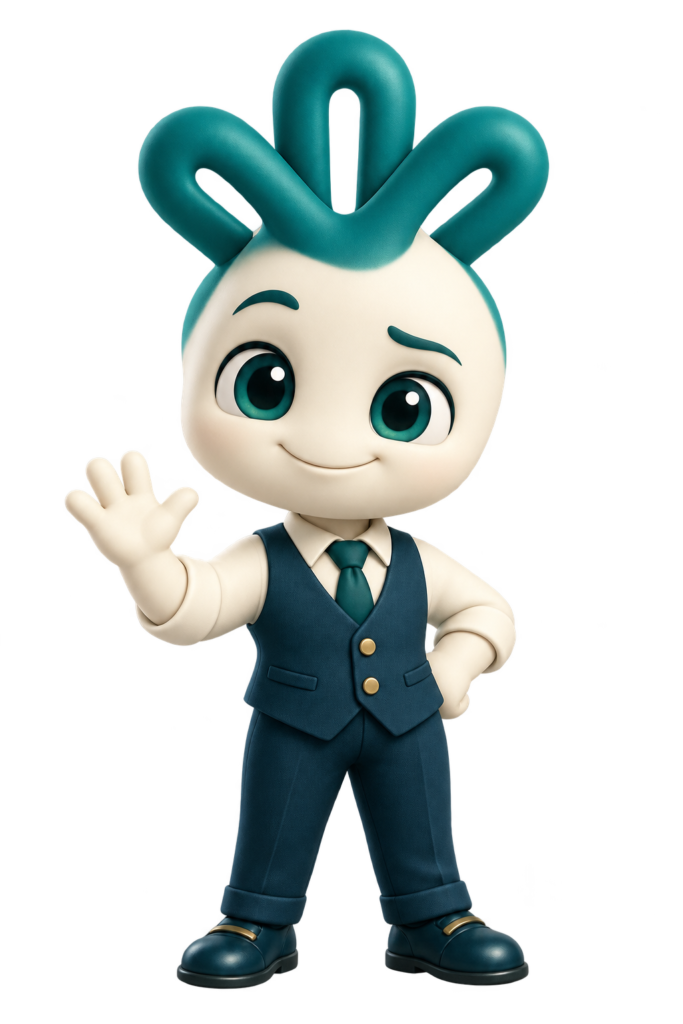 Geniozinho sorrindo, com cabelo teal inspirado na marca da Rede, colete e gravata.